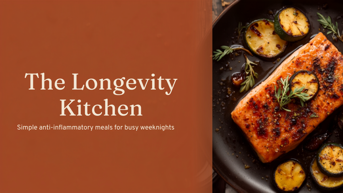The Longevity Kitchen guide cover, anti-inflammatory meal prep for busy weeknights